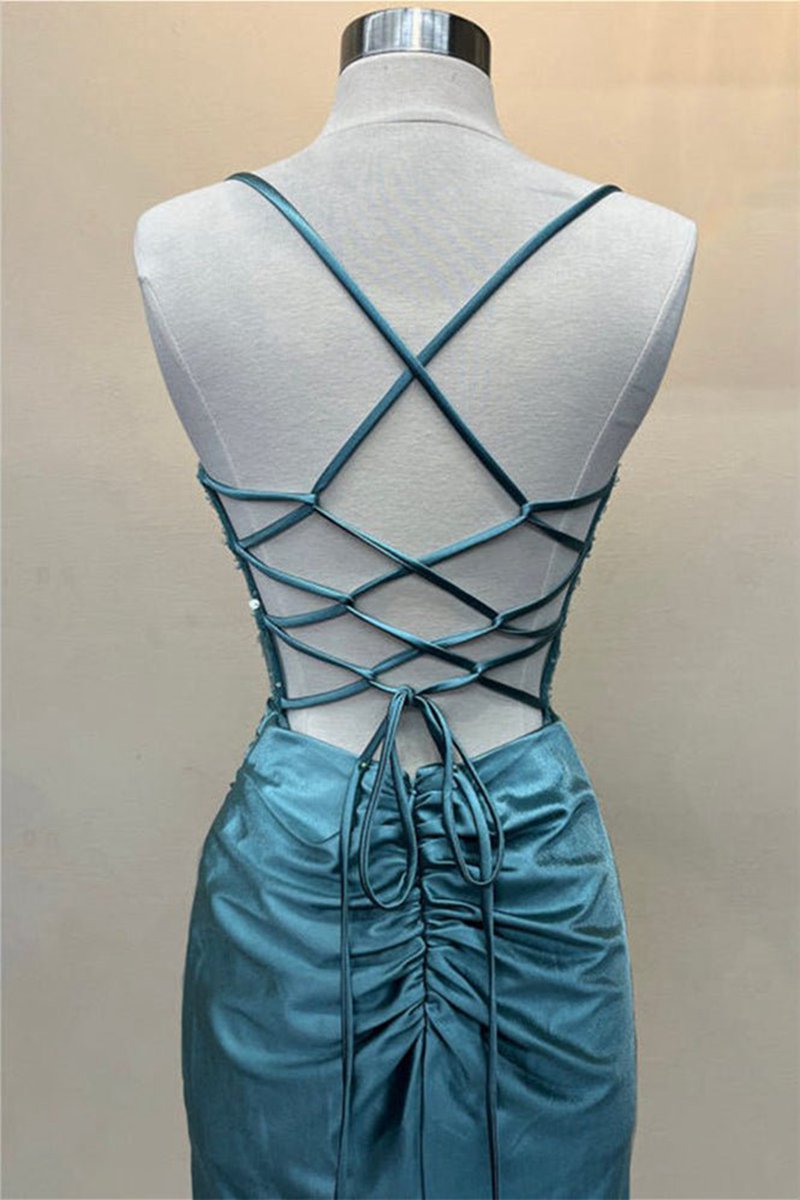 Sage Scoop Neck Satin Mermaid Long Prom Dresses with Slit