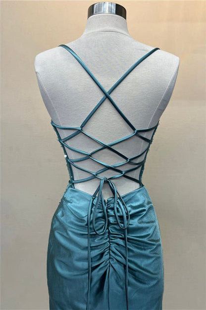 Sage Scoop Neck Satin Mermaid Long Prom Dresses with Slit