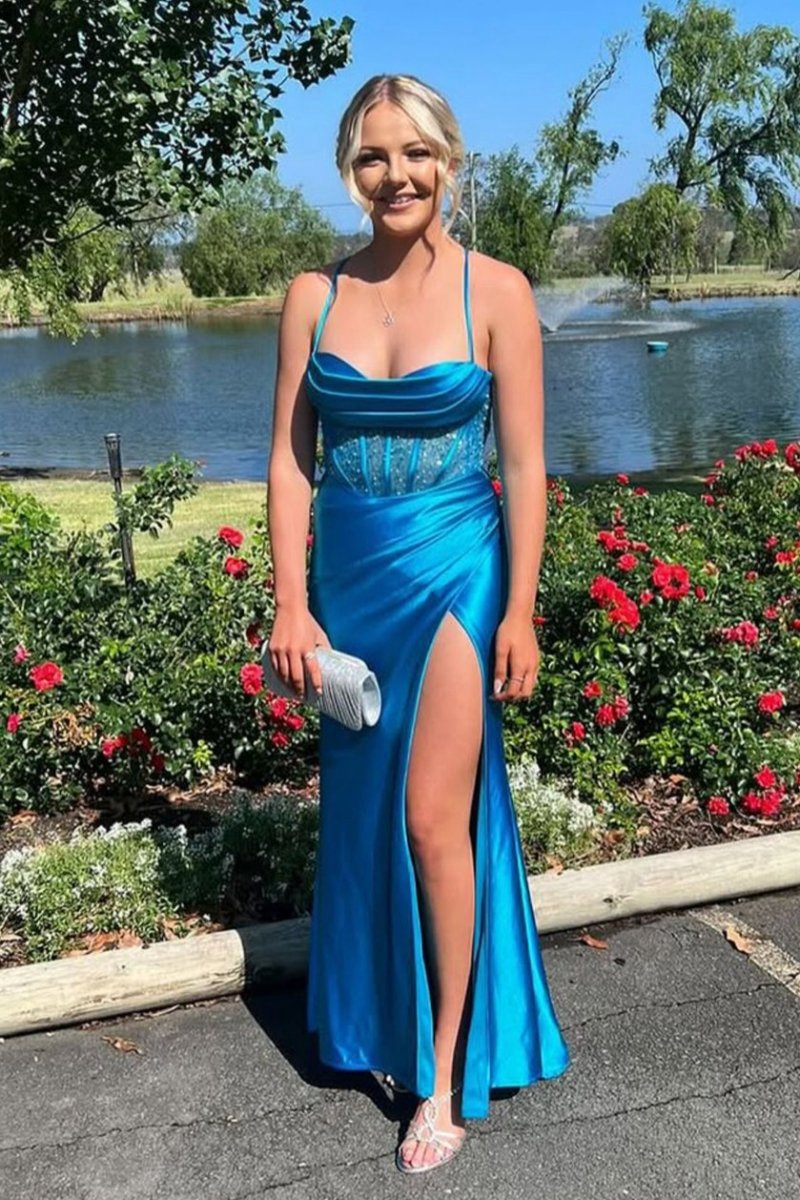 Sage Scoop Neck Satin Mermaid Long Prom Dresses with Slit