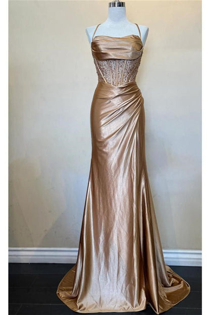 Sage Scoop Neck Satin Mermaid Long Prom Dresses with Slit