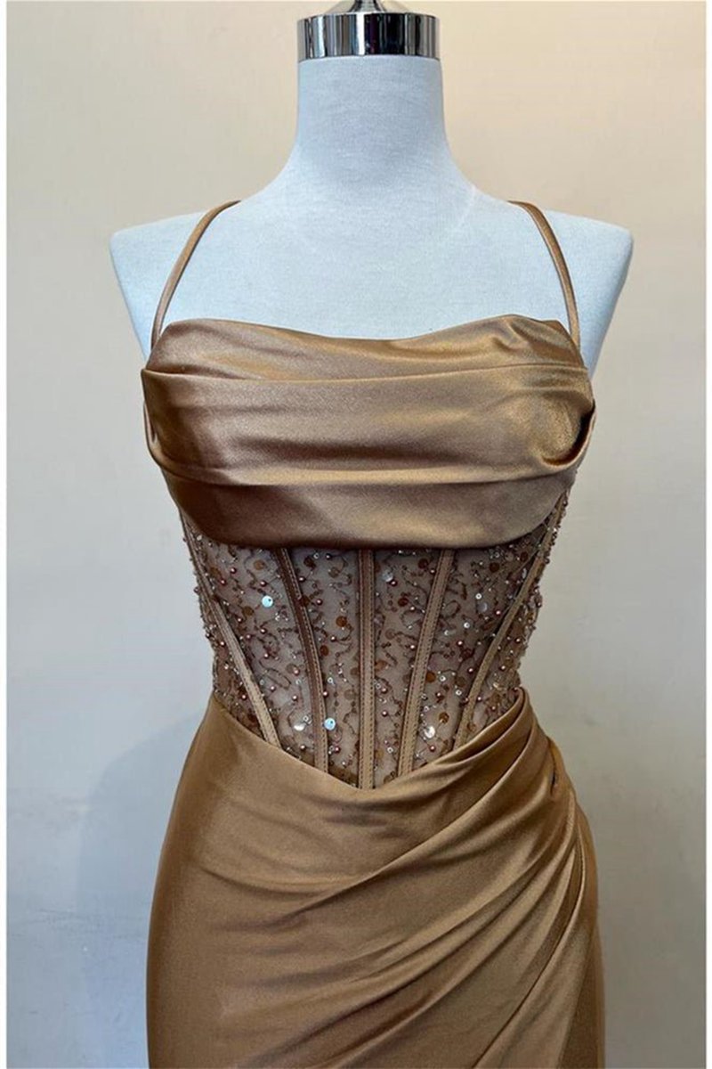 Sage Scoop Neck Satin Mermaid Long Prom Dresses with Slit