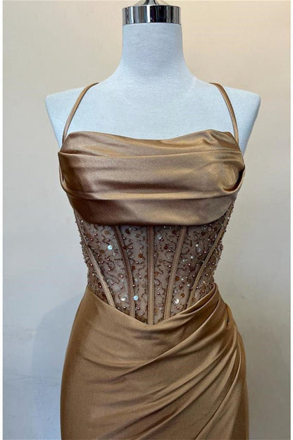 Sage Scoop Neck Satin Mermaid Long Prom Dresses with Slit