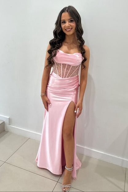Sage Scoop Neck Satin Mermaid Long Prom Dresses with Slit