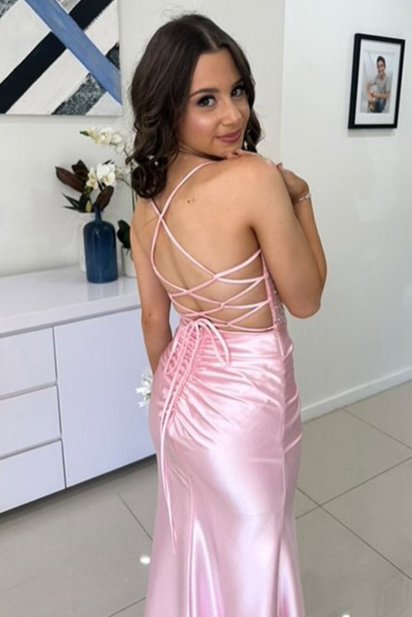 Sage Scoop Neck Satin Mermaid Long Prom Dresses with Slit