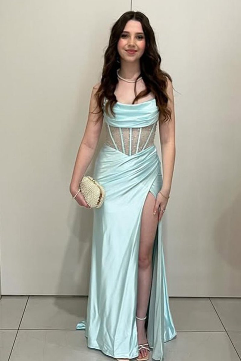 Sage Scoop Neck Satin Mermaid Long Prom Dresses with Slit