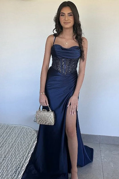 Sage Scoop Neck Satin Mermaid Long Prom Dresses with Slit