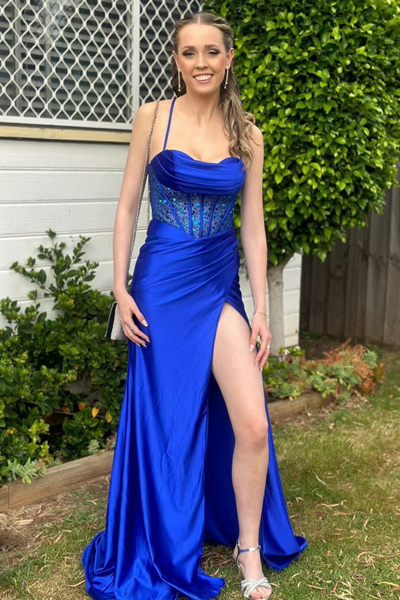 Sage Scoop Neck Satin Mermaid Long Prom Dresses with Slit