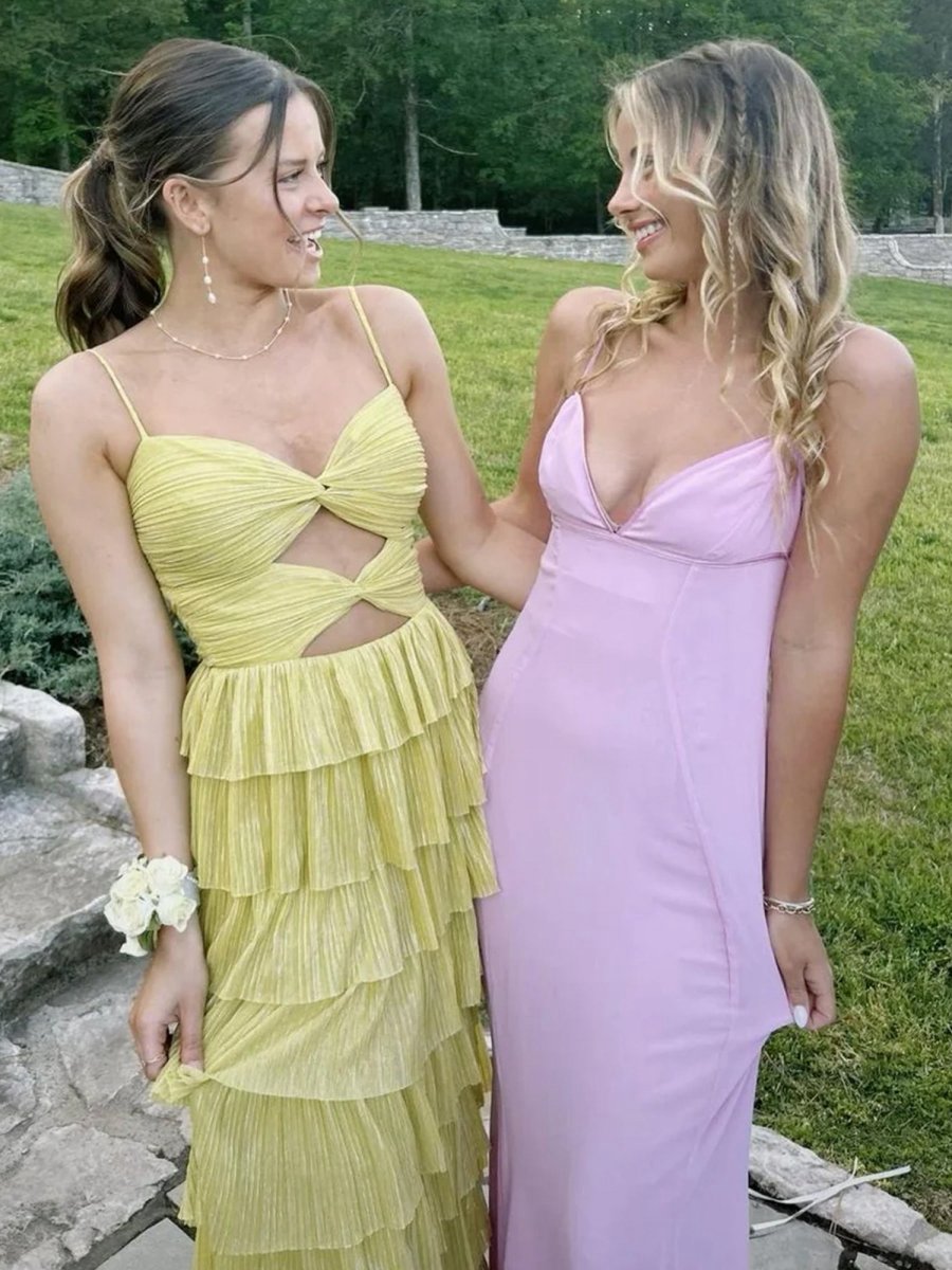 Spaghetti Straps Keyhole Tie Ruffle Long Formal Dresses