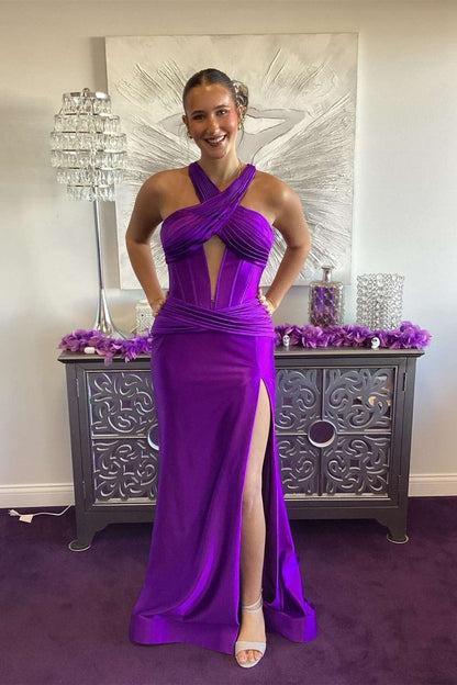Satin Mermaid Slit Prom Dresses with Criss Cross Neck