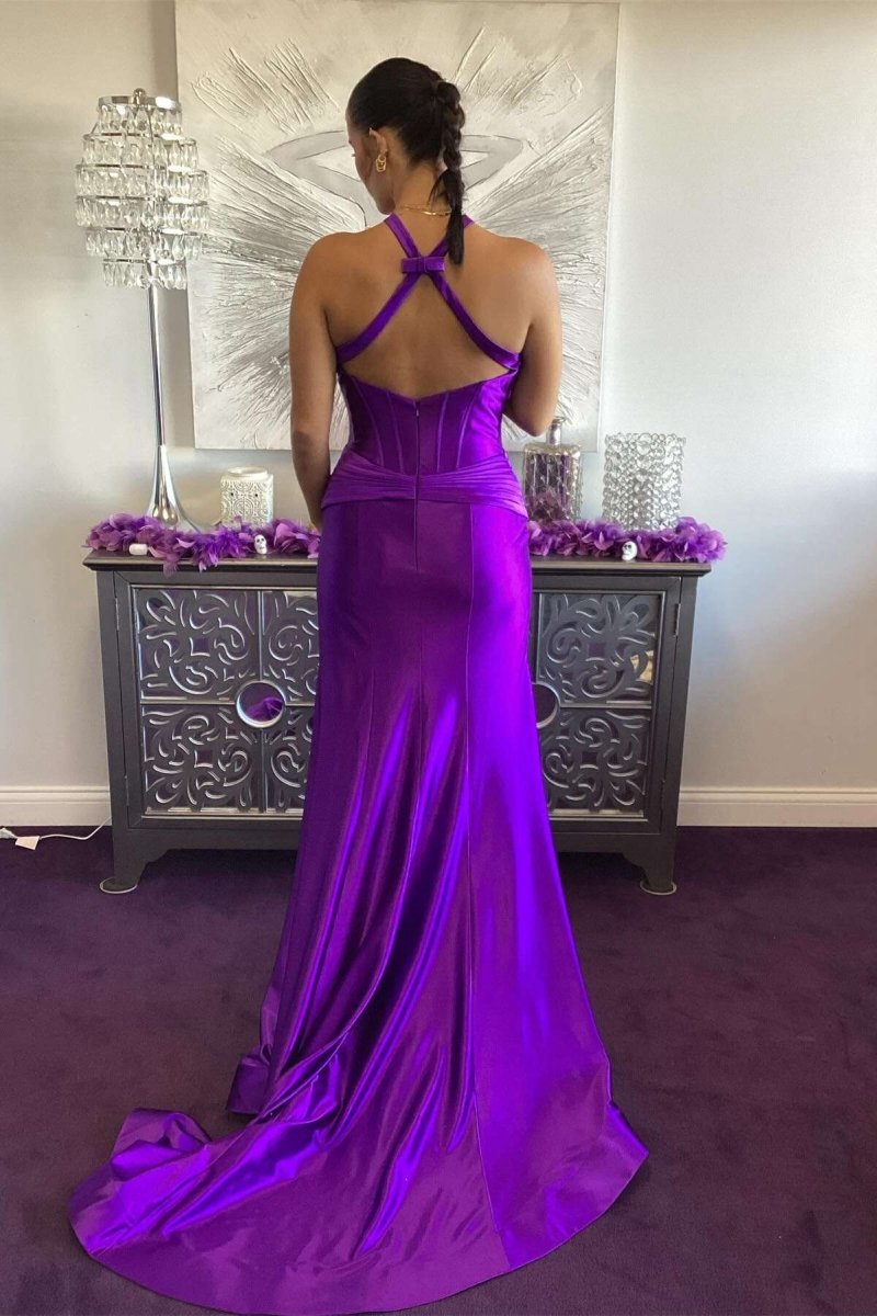 Satin Mermaid Slit Prom Dresses with Criss Cross Neck