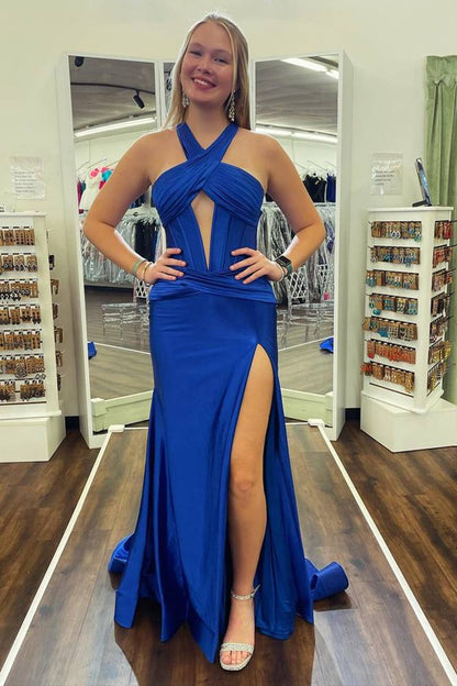 Satin Mermaid Slit Prom Dresses with Criss Cross Neck