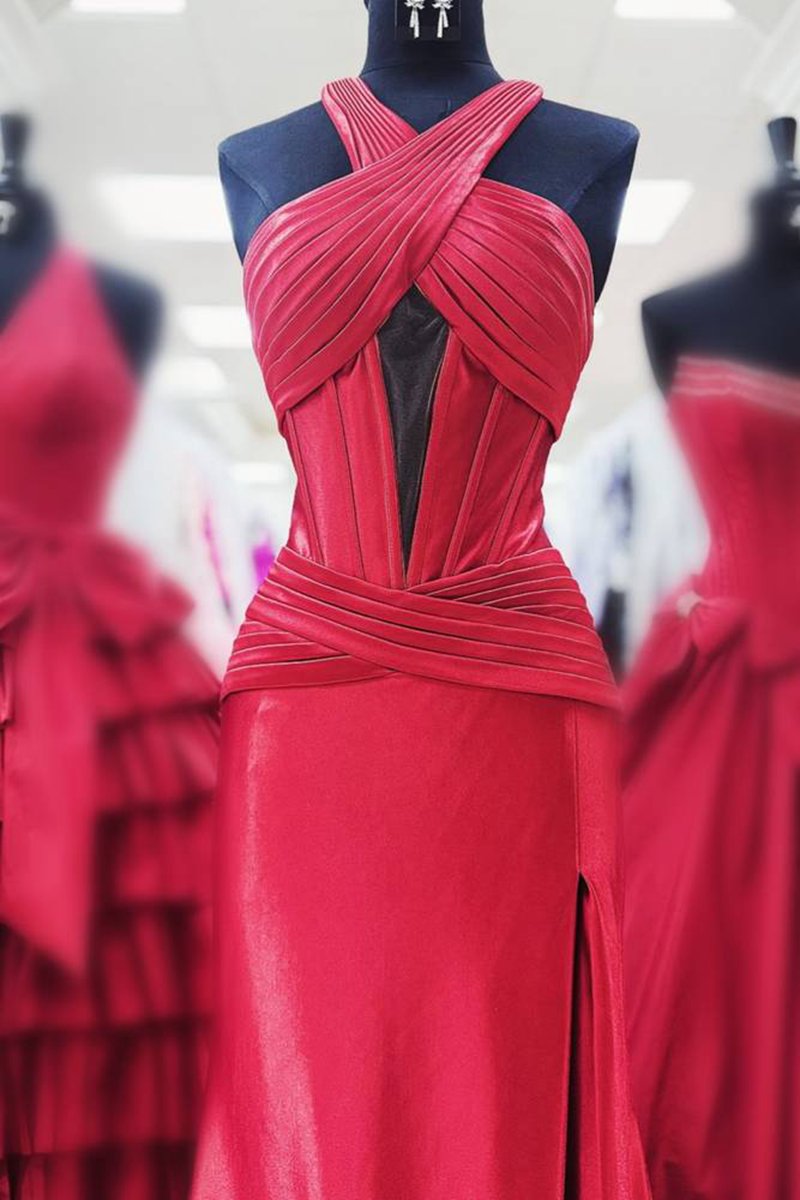 Satin Mermaid Slit Prom Dresses with Criss Cross Neck