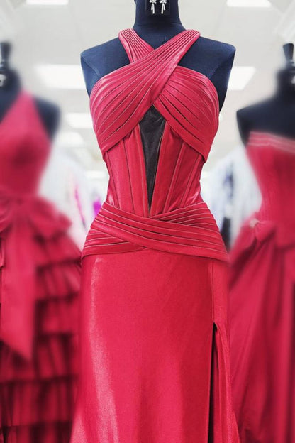 Satin Mermaid Slit Prom Dresses with Criss Cross Neck