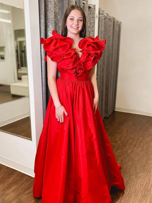 Ruffle V Neck Satin A-line Long Prom Dresses