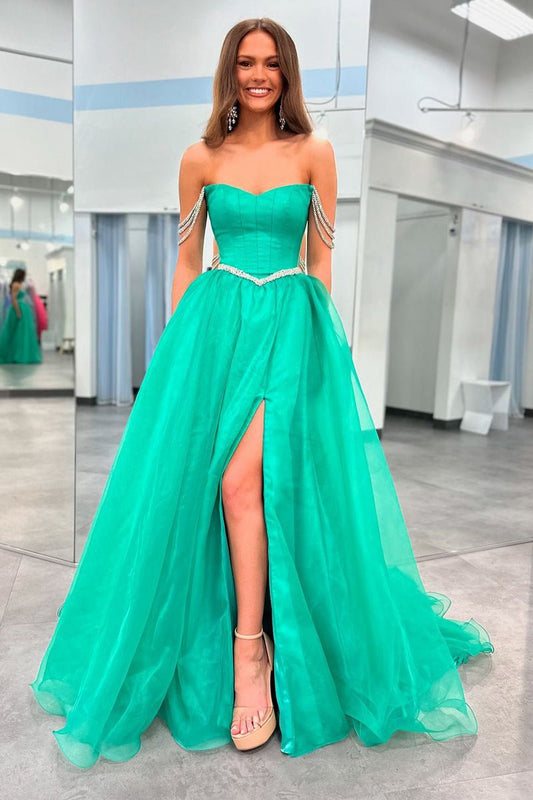 Ball Gown Strapless Tulle Beaded Long Prom Dresses with Slit