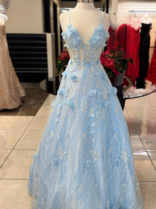 3D Flower Lace V-Neck A-line Long Prom Dresses