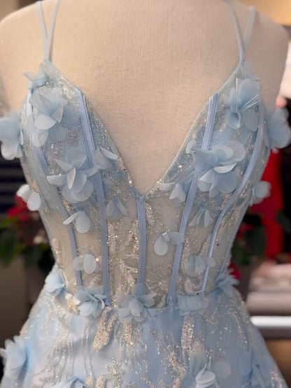 3D Flower Lace V-Neck A-line Long Prom Dresses