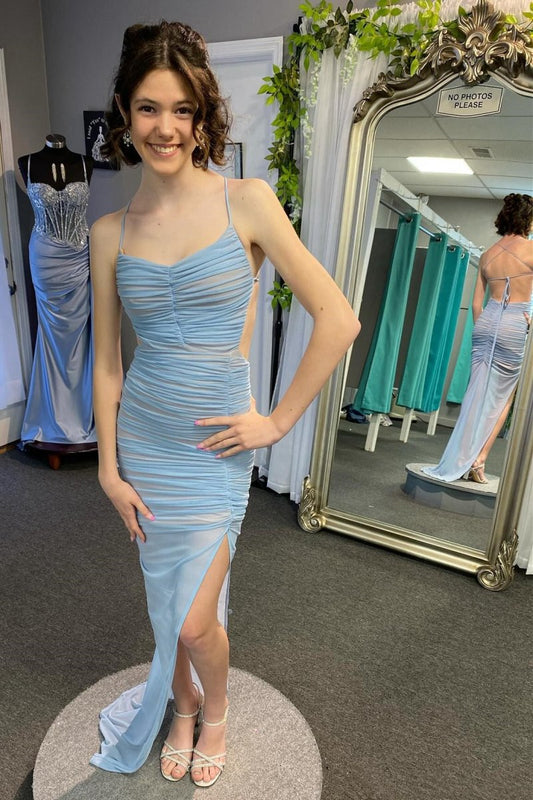 Lace-Up Back Mermaid Ruched Maxi Dresses with Slit in Light Blue