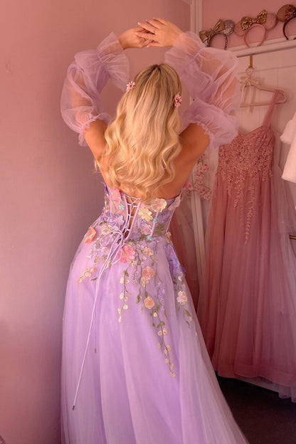 A-line Strapless Tulle Prom Dresses with 3D Flowers