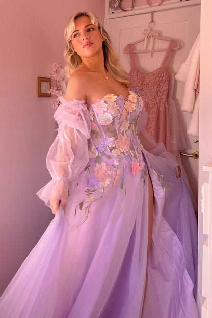 A-line Strapless Tulle Prom Dresses with 3D Flowers