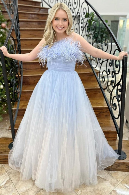 and Ombre Feathers Strapless A-line Long Prom Dresses