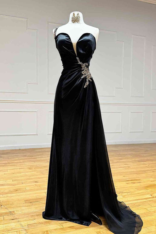 Rhinestone One Shoulder A-line Prom Dresses with Slit