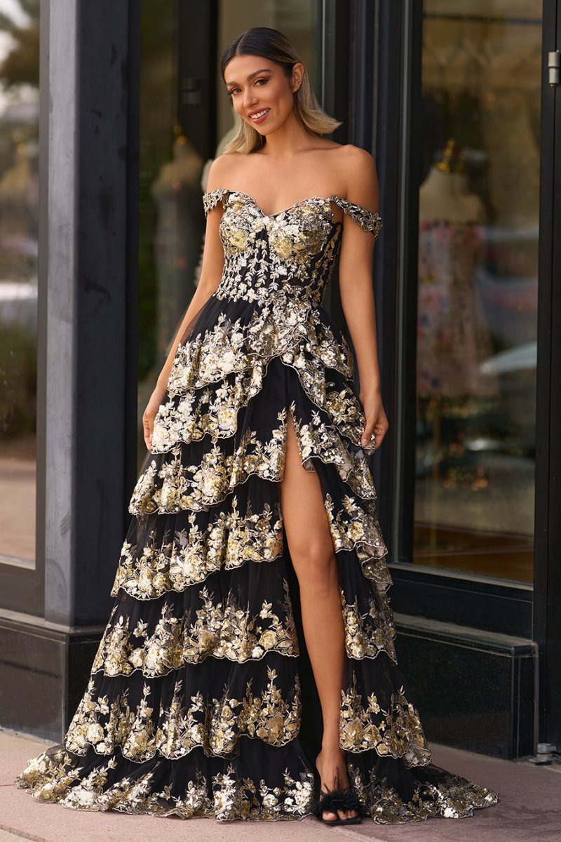 Gold Off the Shoulder Sequin Long Prom Dresses with Slit