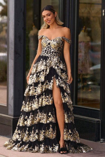 Gold Off the Shoulder Sequin Long Prom Dresses with Slit