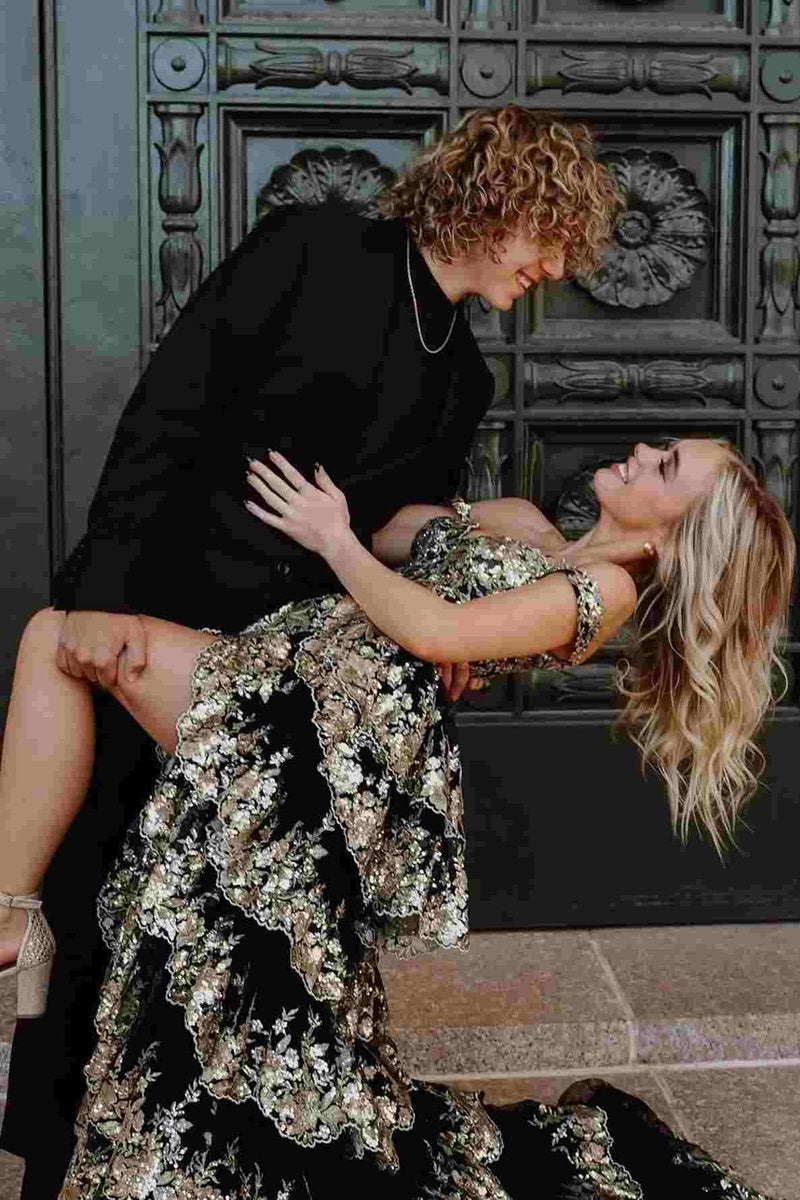 Gold Off the Shoulder Sequin Long Prom Dresses with Slit
