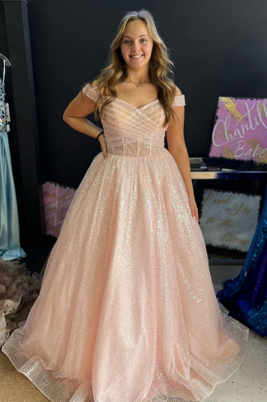 Sparkly Off-the-Shoulder Surplice Long Prom Dresses