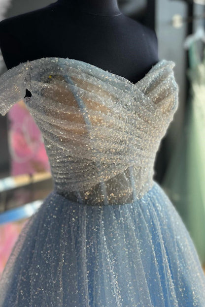 Sparkly Off-the-Shoulder Surplice Long Prom Dresses