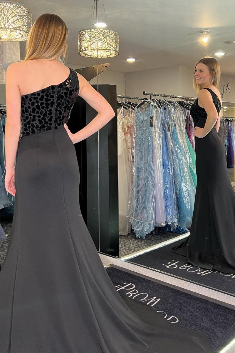 Cut Glass Mirror One-Shoulder Trumpet Long Formal Dresses with Slit