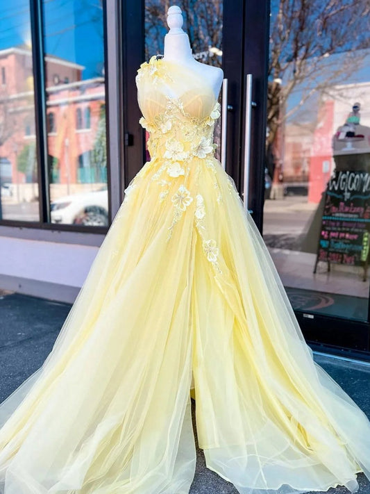 Light One Shoulder 3D Appliques Beading Long Prom Dresses with Slit