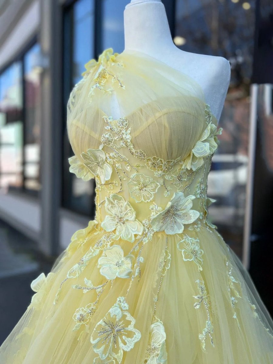 Light One Shoulder 3D Appliques Beading Long Prom Dresses with Slit