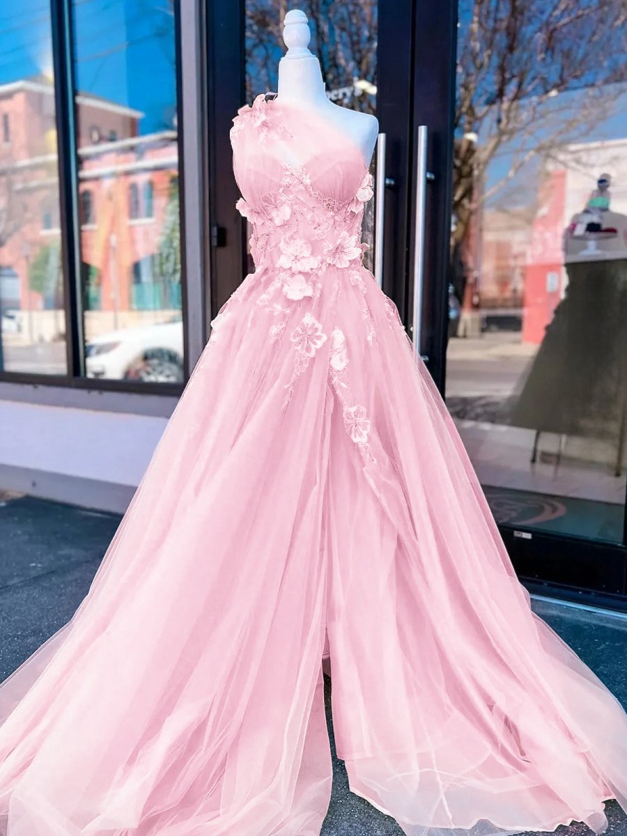 Light One Shoulder 3D Appliques Beading Long Prom Dresses with Slit