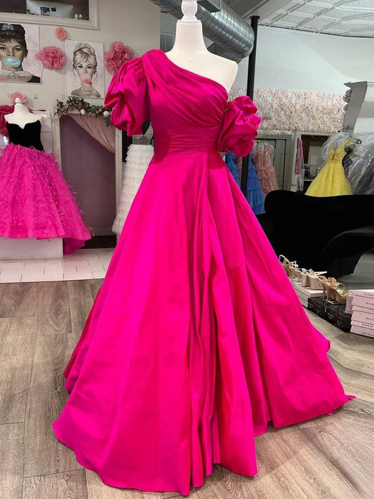 One-Shoulder A-line Long Prom Dresses with Puff Sleeves