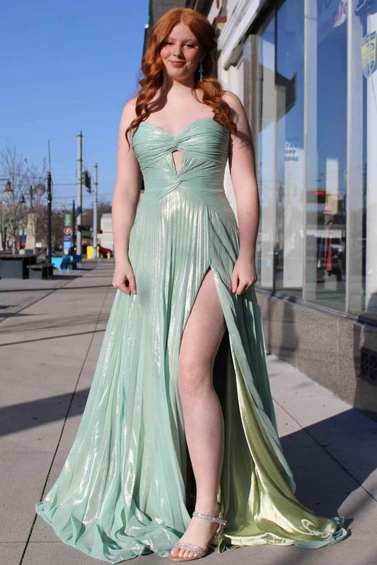 A-line Strapless Pleated High Slit Sleeveless Metallic Long Prom Dresses