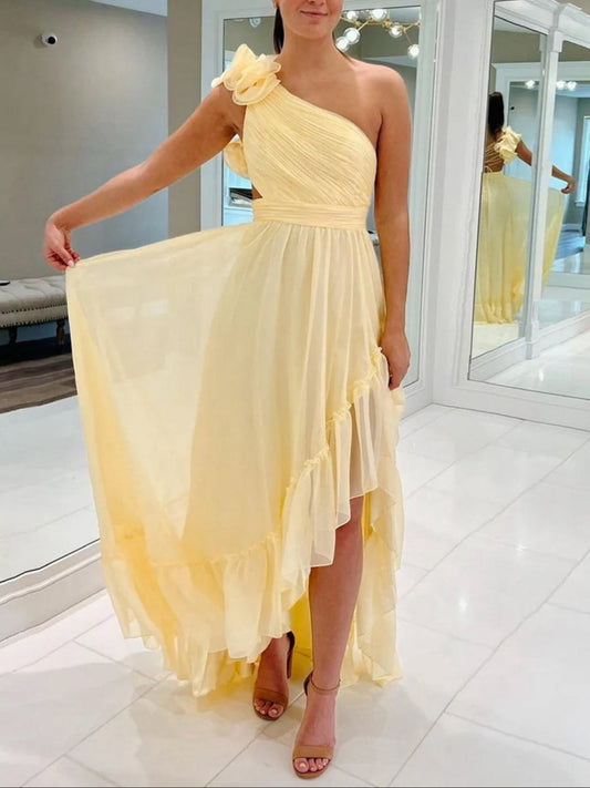 Light A-line One Shoulder Lace-Up Pleated Ruffle High-Low Prom Dresses