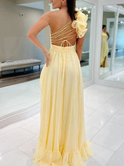 Light A-line One Shoulder Lace-Up Pleated Ruffle High-Low Prom Dresses