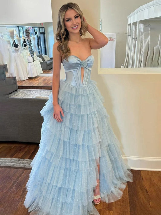 A-line Sweetheart Keyhole Tie Tulle Long Prom Dresses