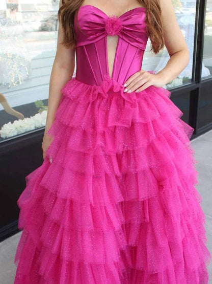 A-line Sweetheart Keyhole Tie Tulle Long Prom Dresses