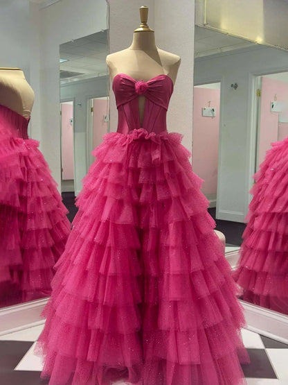 A-line Sweetheart Keyhole Tie Tulle Long Prom Dresses