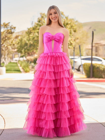 A-line Sweetheart Keyhole Tie Tulle Long Prom Dresses