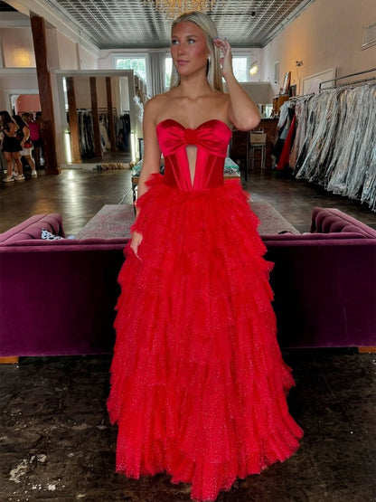 A-line Sweetheart Keyhole Tie Tulle Long Prom Dresses