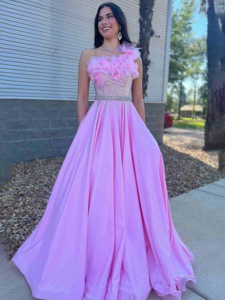 Candy Beaded One Shoulder Long Prom Dresses with Flowers