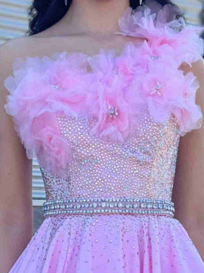 Candy Beaded One Shoulder Long Prom Dresses with Flowers