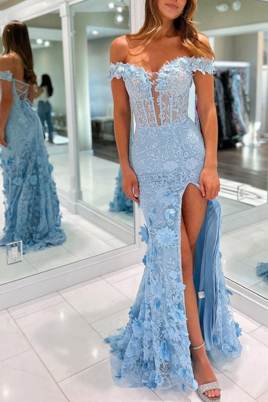 Off the Shoulder Floral Lace Long Prom Dresses with Split