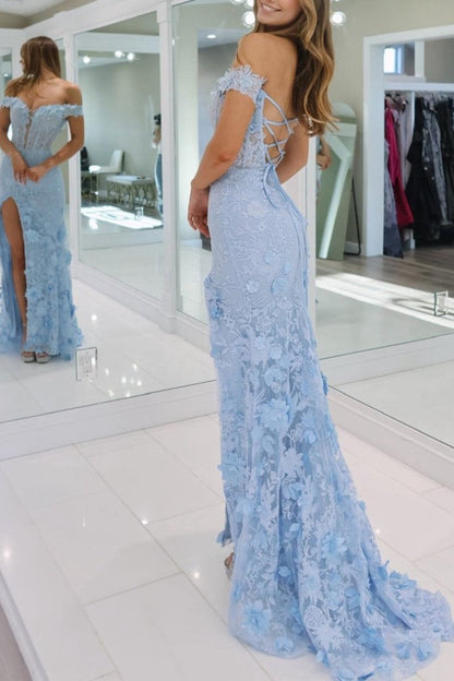 Off the Shoulder Floral Lace Long Prom Dresses with Split
