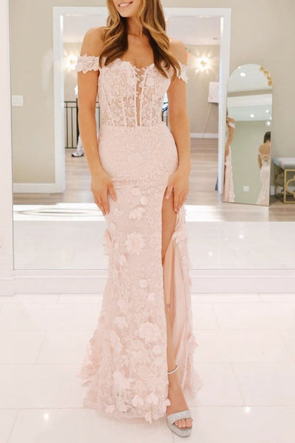Off the Shoulder Floral Lace Long Prom Dresses with Split