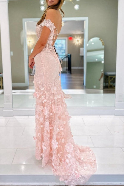 Off the Shoulder Floral Lace Long Prom Dresses with Split